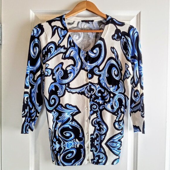Cyrus Blue White Embellished Button-Front Knit Cardigan - Picture 1 of 6